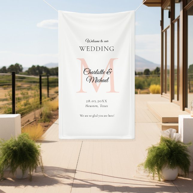 Modern Minimal Monogram Wedding Welcome  Banner (Modern, Minimal, Monogram, Luxury, White-Soft-Peach, Wedding Welcome Banner.)