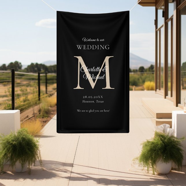 Modern Minimal Monogram Wedding Welcome  Banner (Modern, Minimal, Monogram, Luxury, Black-Beige, Wedding Welcome Banner.)