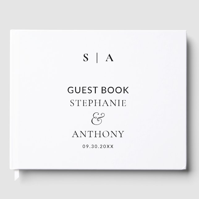Modern Minimal Monogram White Foil Wedding Guest Book (Front)