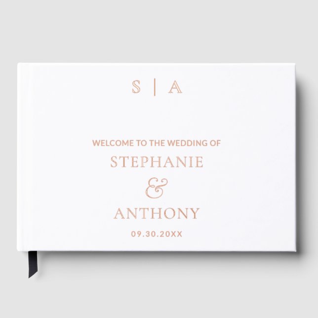 Modern Minimal Monogram White Foil Wedding Guest Book (Front)