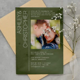 Modern Minimal Moss Green Engagement Party Photo Invitation