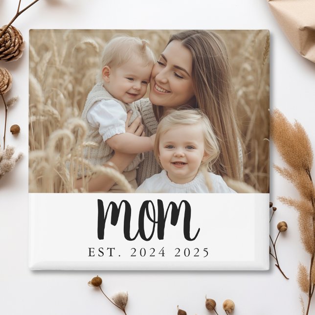 Modern Minimal Mum Established Photo Gift Magnet (modern minimal black and white mom established date for fun mother's day or christmas stocking gifts)