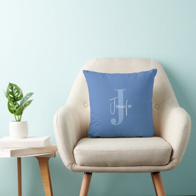 Modern Minimal Name Initial Monogram Dusty Blue Cushion (Chair)