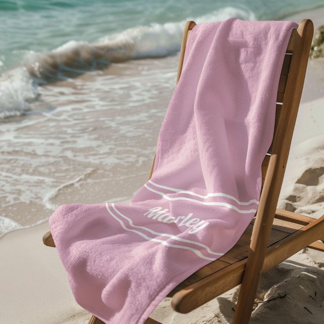 Modern Minimal Name Monogram Script Template Pink Beach Towel (Modern Pink Monogram Beach Towel on Chair by Calm Surf)