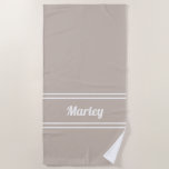 Modern Minimal Name Monogram Script Template Tan Beach Towel<br><div class="desc">Custom minimal design features an easy to use template for name or text up to eleven letters in modern script and a double frame border. Script and border are in white on a classic khaki tan background. Colour of background and font are easily changed with the Zazzle design tool section....</div>