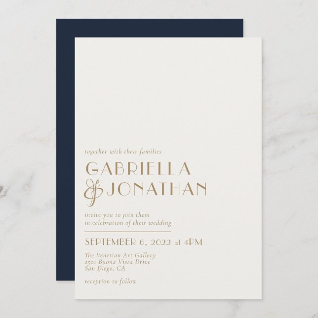Modern Minimal Navy Blue Gold Invitation (Front/Back)