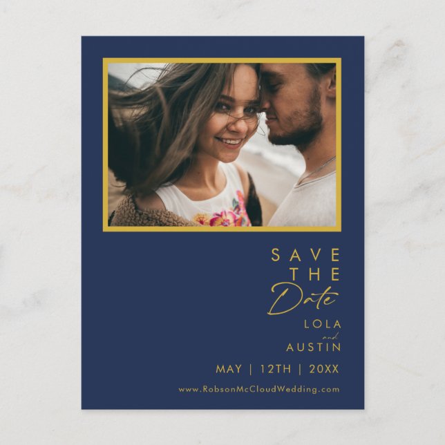 Modern Minimal Navy Blue Gold Photo Save The Date Invitation Postcard (Front)