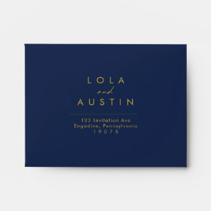 Modern Minimal Navy Blue Gold Self Addressed RSVP Envelope