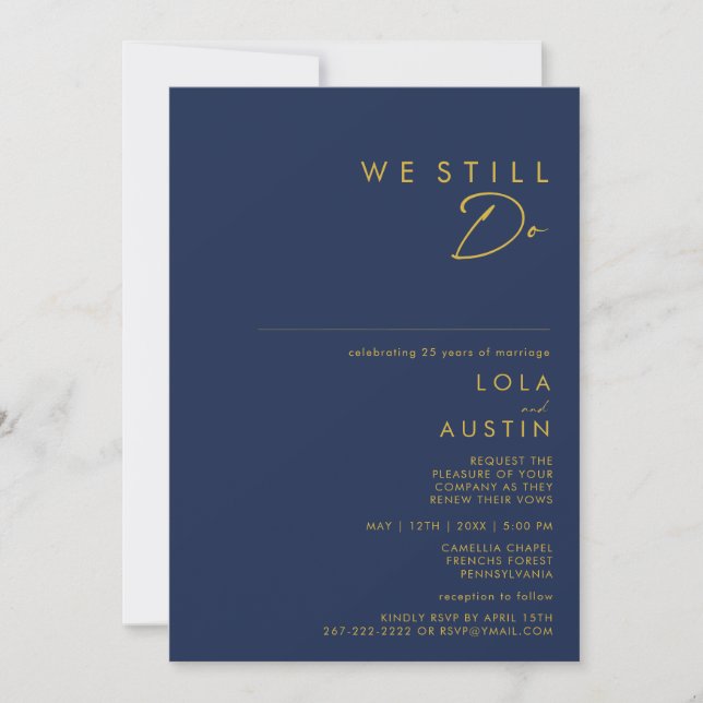 Modern Minimal Navy Blue Gold We Still Do Renewal Invitation (Front)