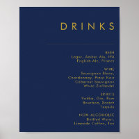Modern Minimal Navy Blue Gold Wedding Drinks Menu