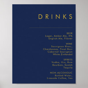 Modern Minimal Navy Blue Gold Wedding Drinks Menu Poster