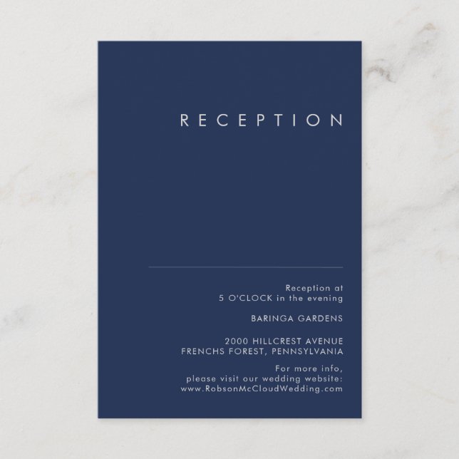 Modern Minimal Navy Blue Silver Wedding Reception Enclosure Card (Front)