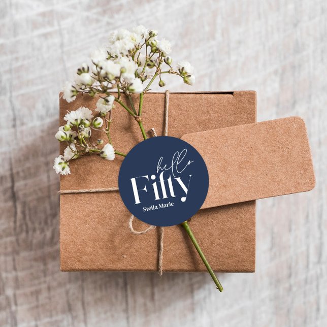 Modern minimal navy blue simple 50th birthday classic round sticker (Creator Uploaded)