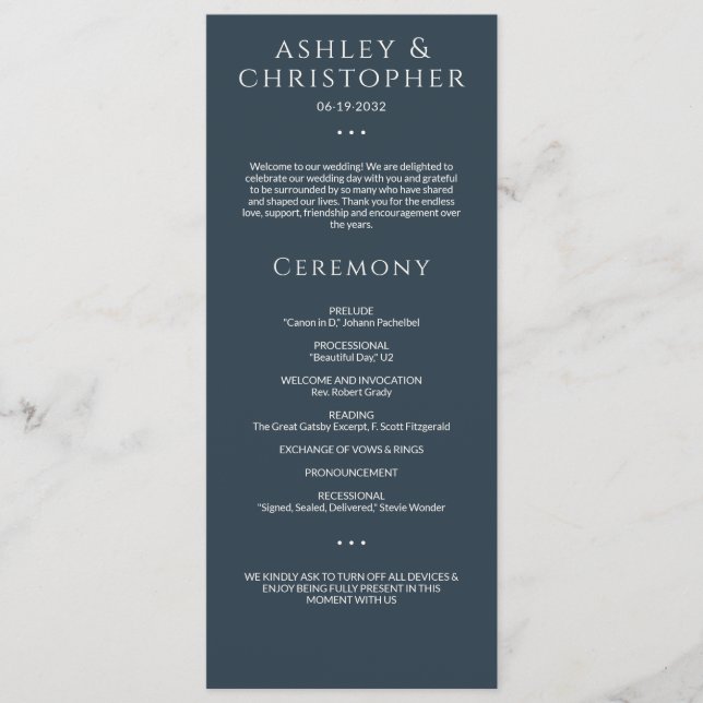 Modern Minimal Navy Blue Wedding Ceremony Program (Front)