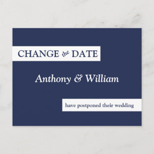 Modern Minimal Navy Blue Wedding Change the Date Postcard