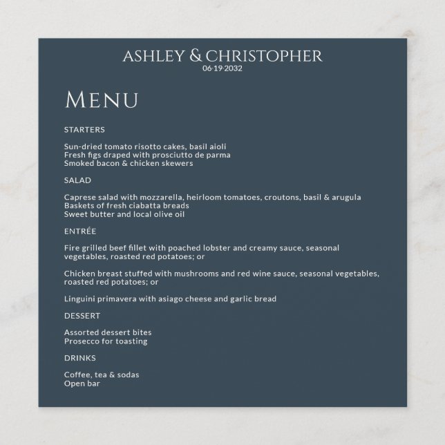 Modern Minimal Navy Blue Wedding Reception Menu (Front)