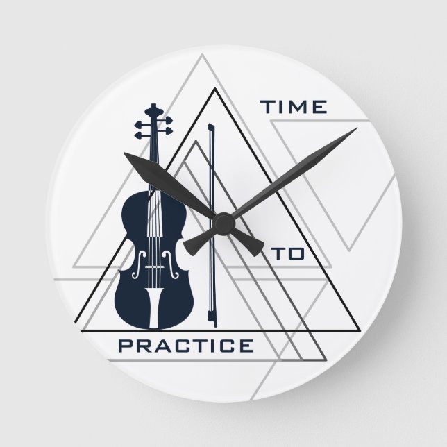 Modern Minimal Navy Blue & White Violin Designer Round Clock (Front)