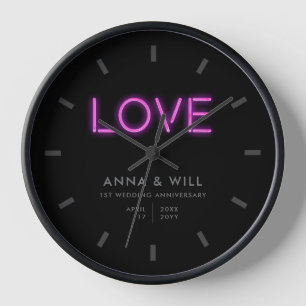 Modern Minimal Neon Love 1st Wedding Anniversary Clock