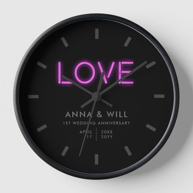 Modern Minimal Neon Love 1st Wedding Anniversary Clock (Front)
