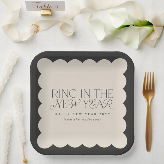 Modern minimal new year black holiday wavy edge paper plate (Wedding)