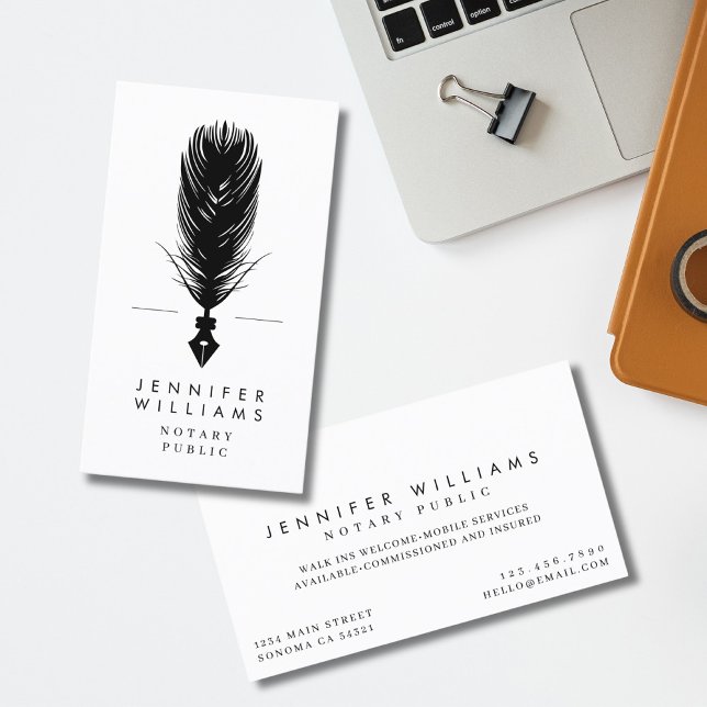 Modern Minimal Notary Public Quill Feather Business Card (Creator Uploaded)