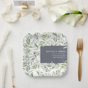 Modern minimal olive branch botanical wedding paper plate
