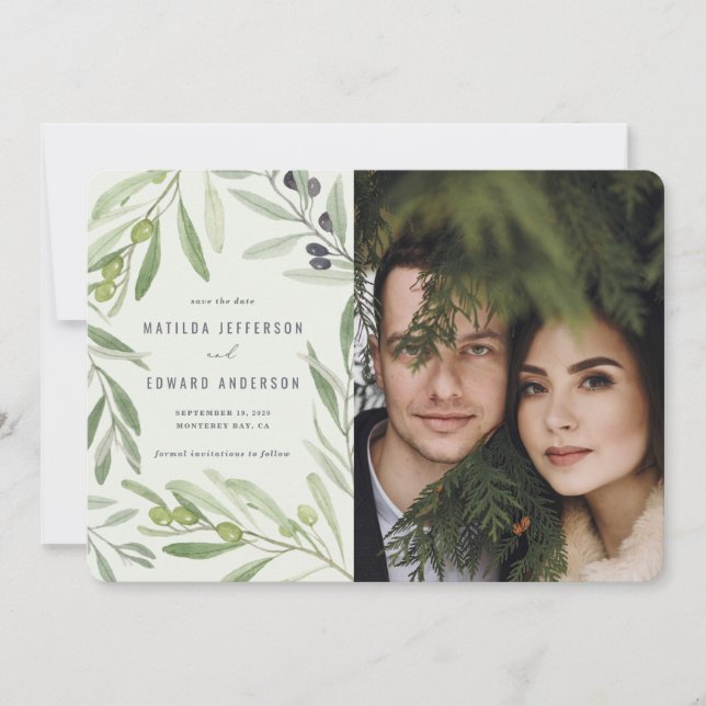 Modern minimal olive branch foliage photo wedding announcement (Front)