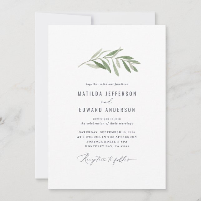 Modern minimal olive branch foliage wedding announcement (Front)