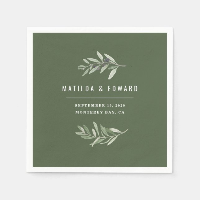 Modern minimal olive branch foliage wedding napkin (Front)