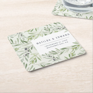 Modern minimal olive branch foliage wedding napkin square paper coaster