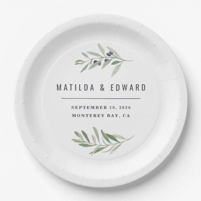 Modern minimal olive branch foliage wedding party paper plate (Front)
