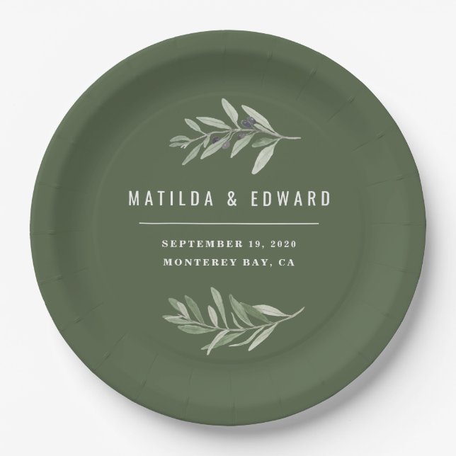 Modern minimal olive branch foliage wedding party paper plate (Front)
