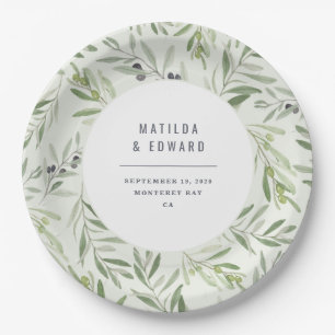 Modern minimal olive branch foliage wedding party paper plate