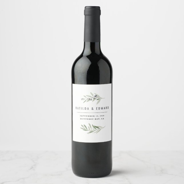Modern minimal olive branch foliage wedding party wine label (Front)