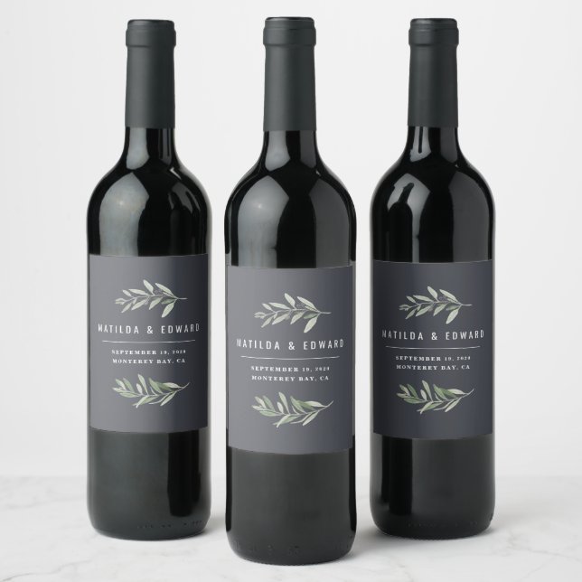 Modern minimal olive branch foliage wedding party wine label (Bottles)