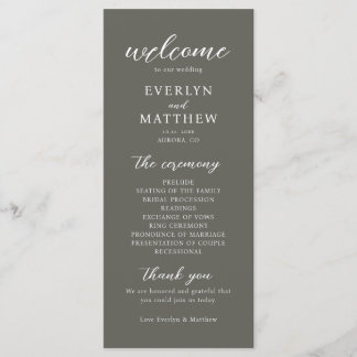 Modern Minimal Olive Grey Wedding Ceremony Program