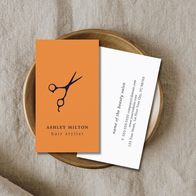 Modern Minimal Orange Blue Scissors Hairstylist Business Card (Creator Uploaded)