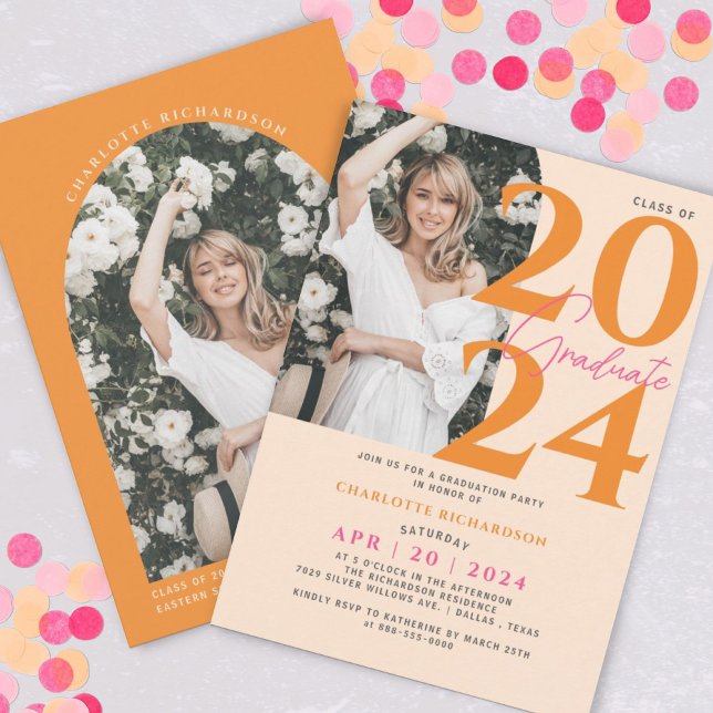 Modern Minimal Orange Girly Graduation Party Photo Invitation (Creator Uploaded)