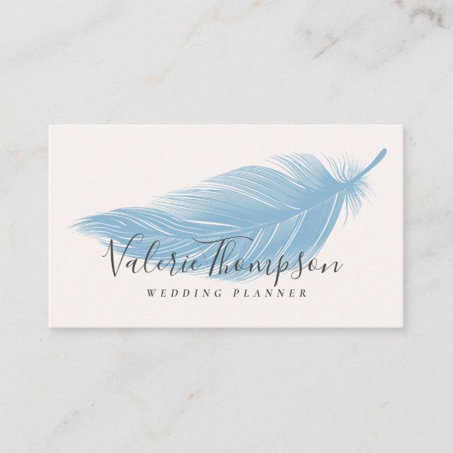 Modern minimal pastel blue elegant boho feather business card (Front)