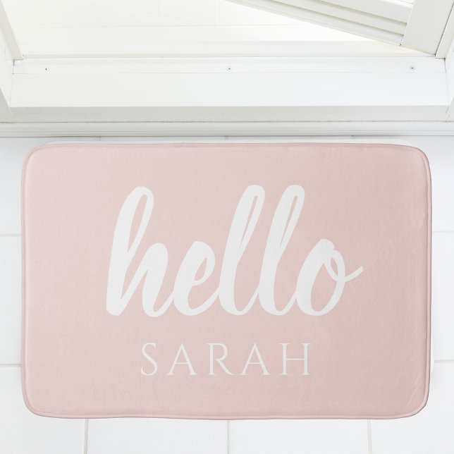 Modern Minimal Pastel Pink Hello And You Name Bath Mat (Creator Uploaded)
