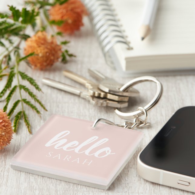 Modern Minimal Pastel Pink Hello And You Name Key Ring (Front Right)