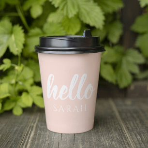Modern Minimal Pastel Pink Hello And You Name Paper Cups