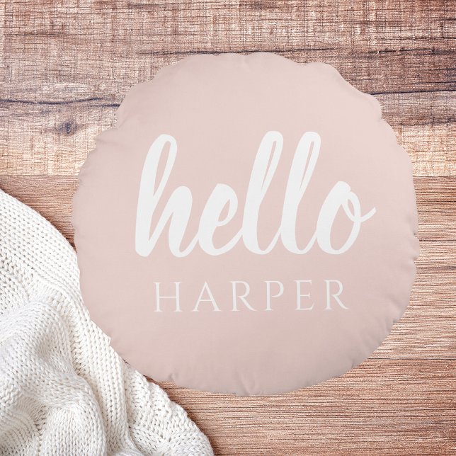 Modern Minimal Pastel Pink Hello And You Name Round Cushion (Creator Uploaded)