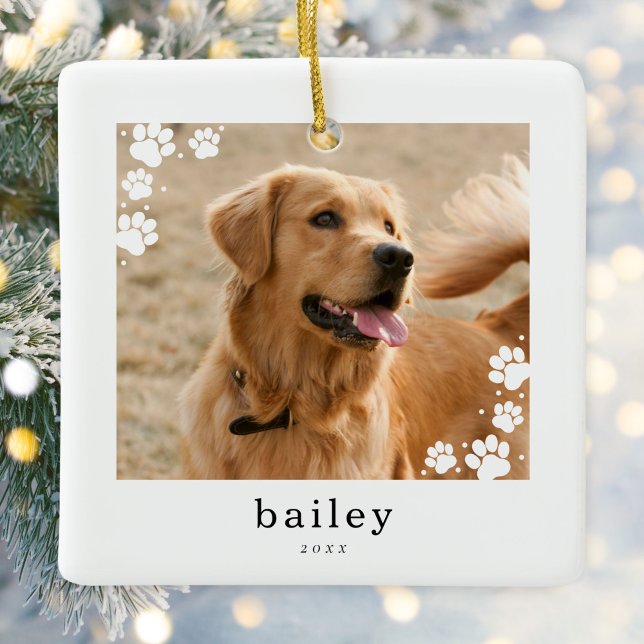 Modern Minimal Paw Prints Pet Dog Photo Ceramic Ornament (Creator Uploaded)