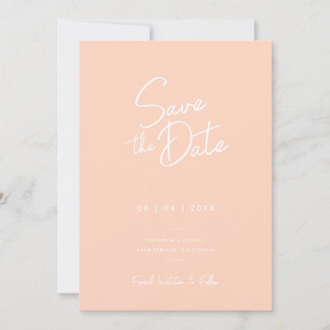 Modern Minimal Peach Script Photo Wedding Save The Date (Front)