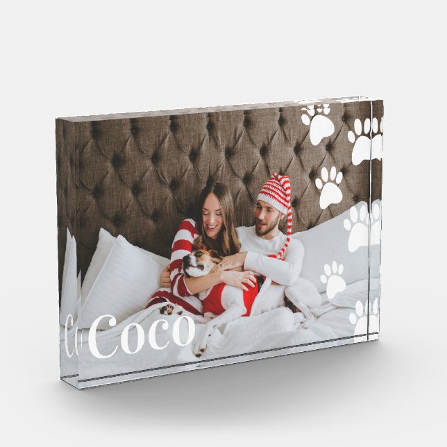 Modern Minimal Pet Paw Print Pattern Animal Photo Block (Left)