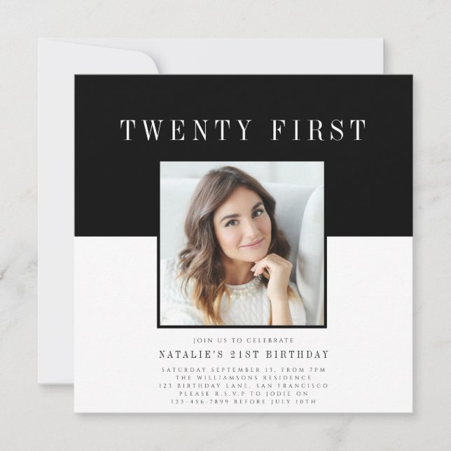 Modern minimal photo 21st birthday  invitation (Front)