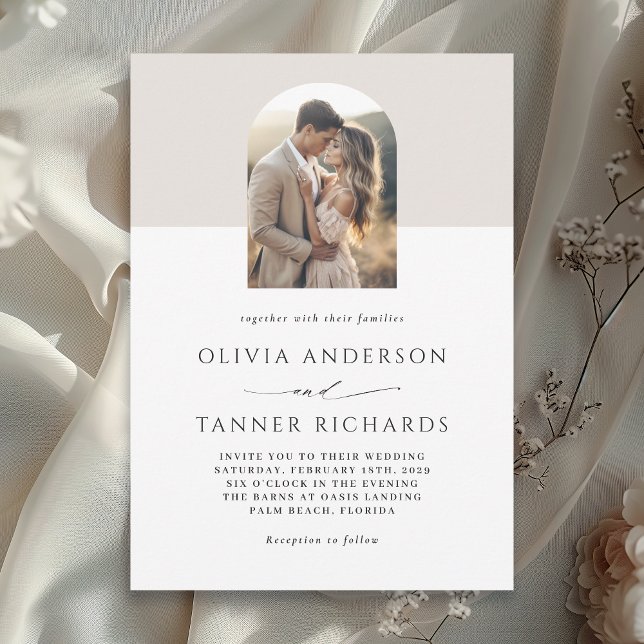 Modern Minimal Photo Arch Elegant Neutral Wedding Invitation (Available in both printed and instant download digital formats.)