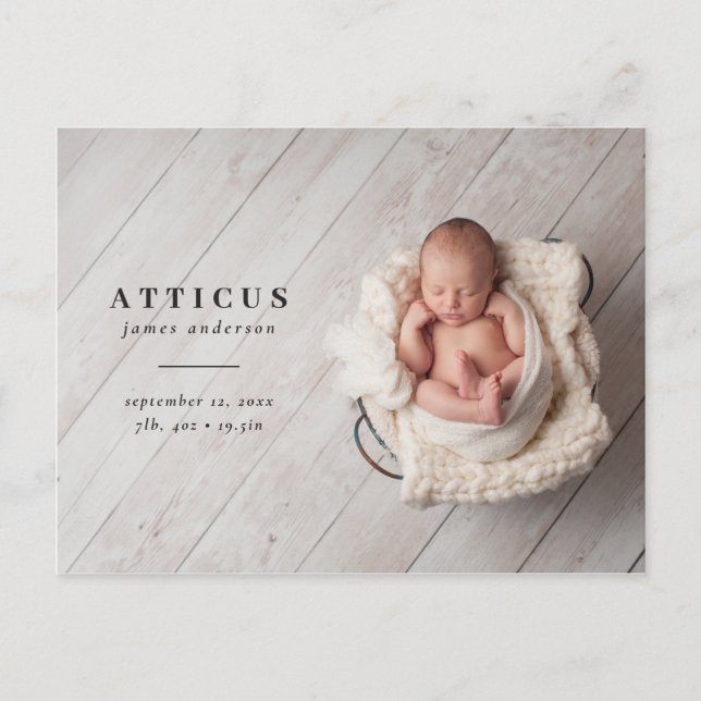 Modern, minimal photo birth announcement (Front)