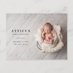 Modern, minimal photo birth announcement postcard